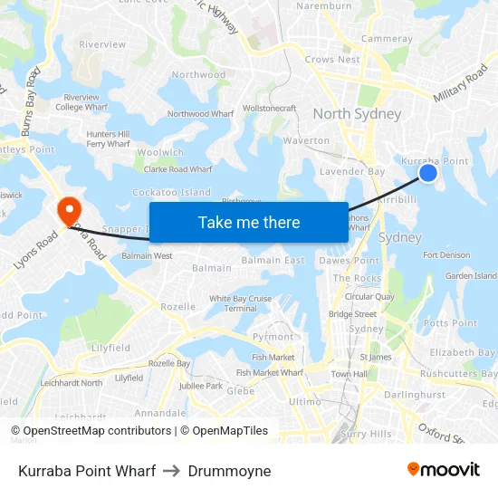 Kurraba Point Wharf to Drummoyne map