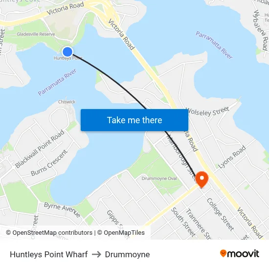 Huntleys Point Wharf to Drummoyne map
