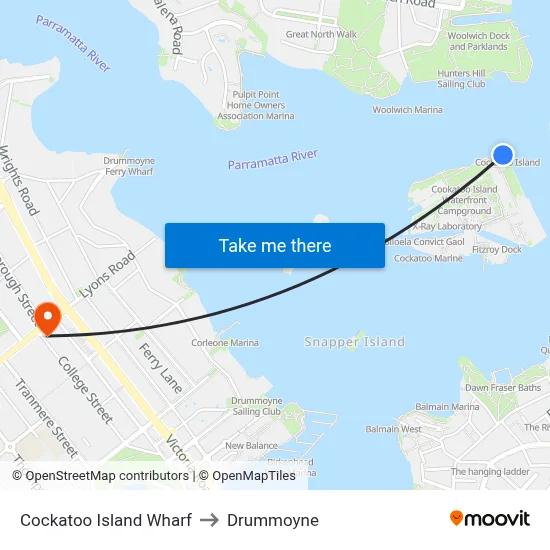 Cockatoo Island Wharf to Drummoyne map