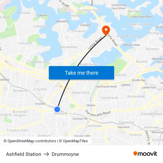Ashfield Station to Drummoyne map