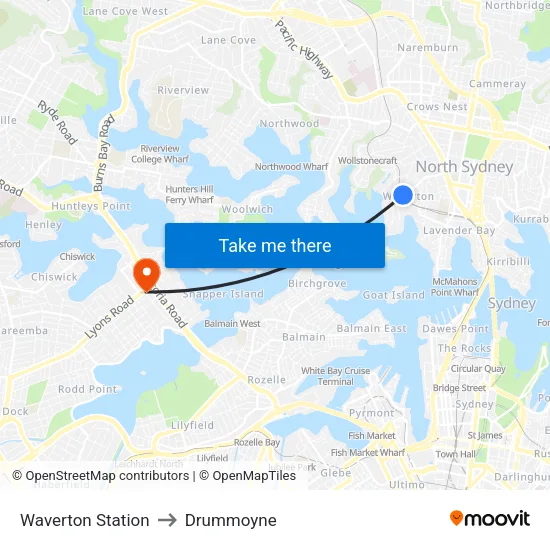 Waverton Station to Drummoyne map