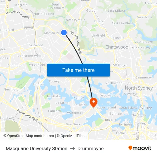 Macquarie University Station to Drummoyne map