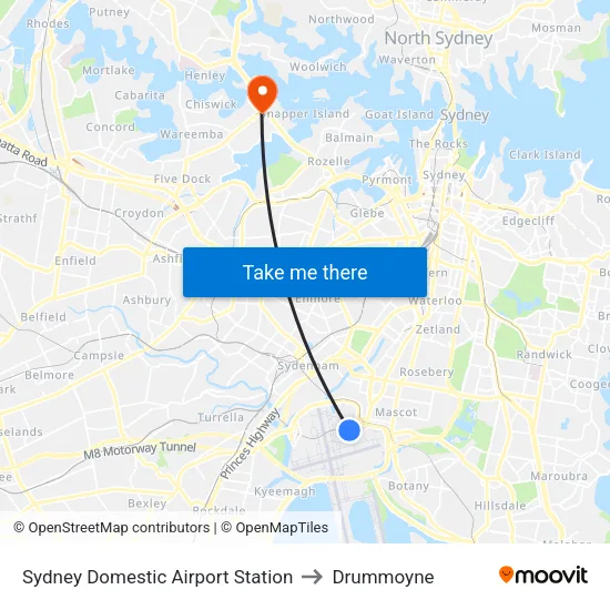 Sydney Domestic Airport Station to Drummoyne map