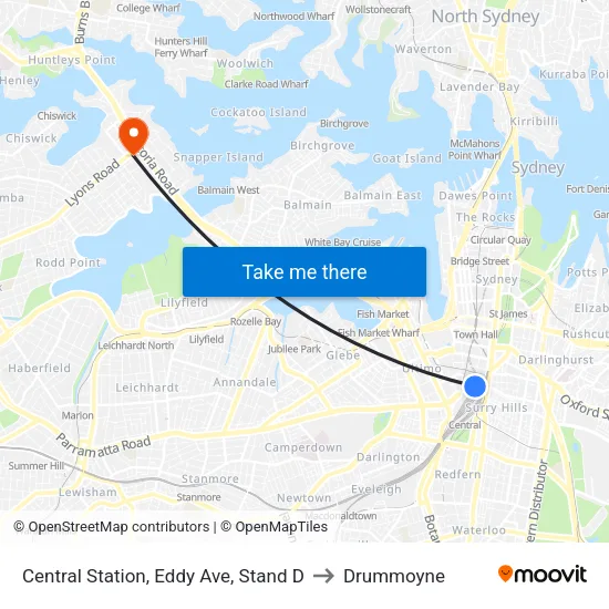 Central Station, Eddy Ave, Stand D to Drummoyne map