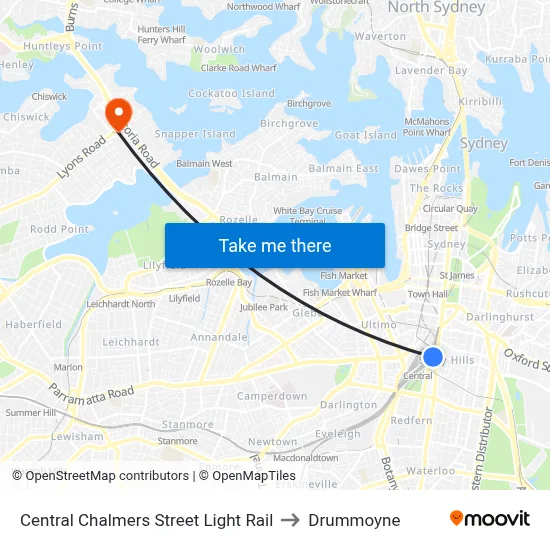 Central Chalmers Street Light Rail to Drummoyne map