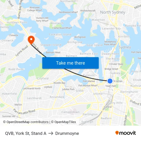 QVB, York St, Stand A to Drummoyne map