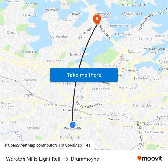 Waratah Mills Light Rail to Drummoyne map