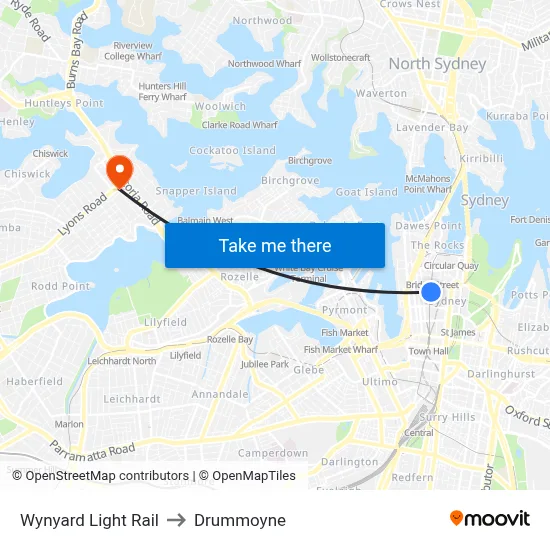 Wynyard Light Rail to Drummoyne map