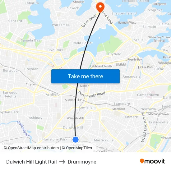 Dulwich Hill Light Rail to Drummoyne map