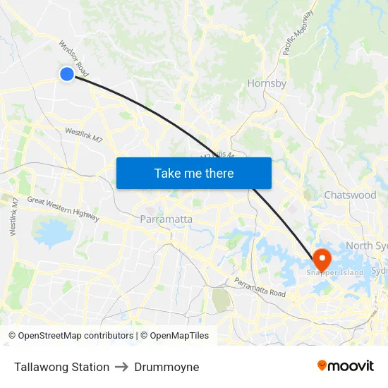 Tallawong Station to Drummoyne map