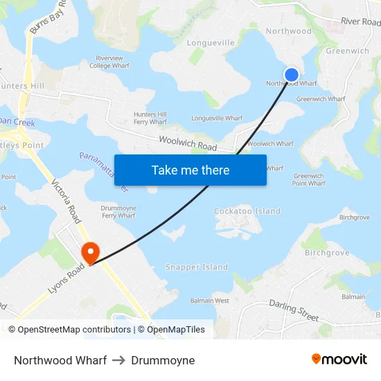 Northwood Wharf to Drummoyne map