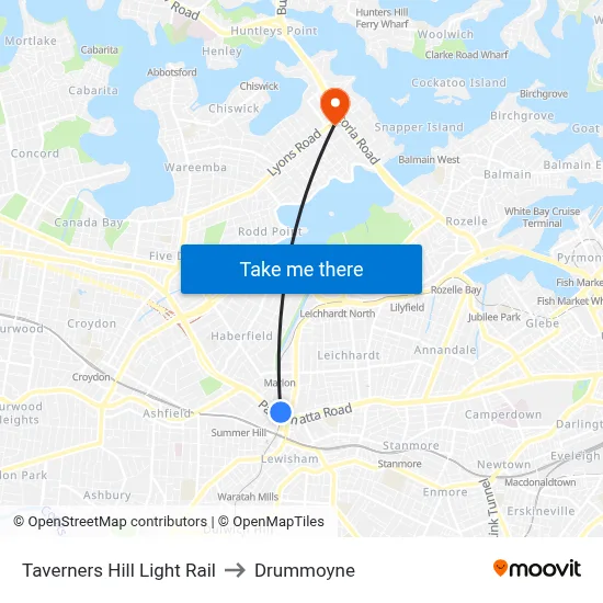Taverners Hill Light Rail to Drummoyne map