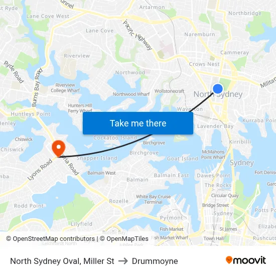 North Sydney Oval, Miller St to Drummoyne map