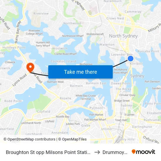 Broughton St opp Milsons Point Station to Drummoyne map
