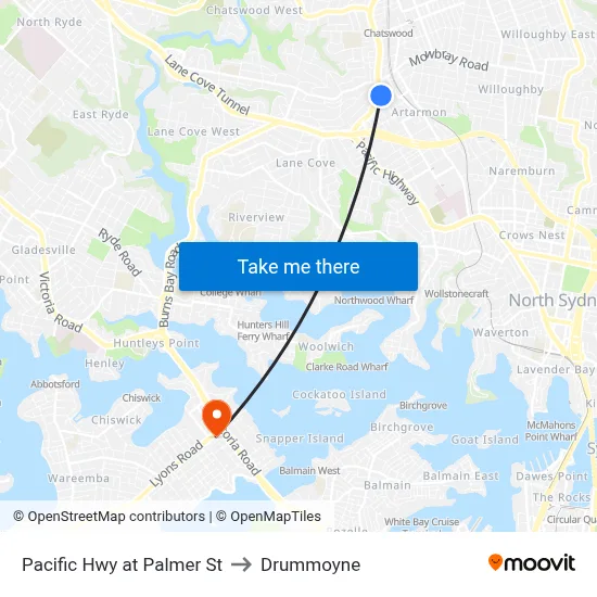 Pacific Hwy at Palmer St to Drummoyne map