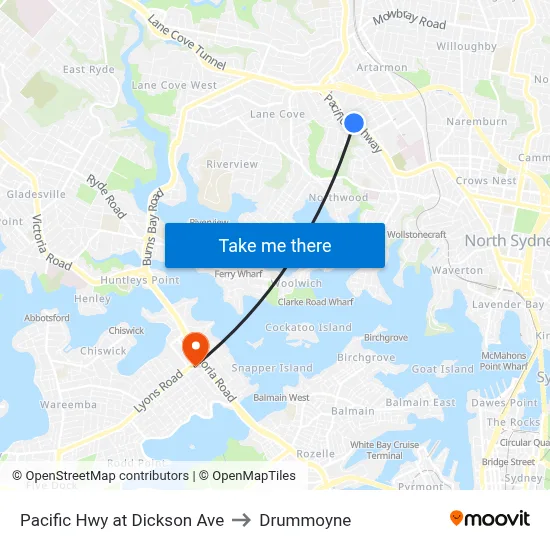 Pacific Hwy at Dickson Ave to Drummoyne map