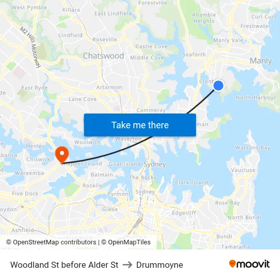 Woodland St before Alder St to Drummoyne map
