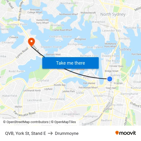 QVB, York St, Stand E to Drummoyne map