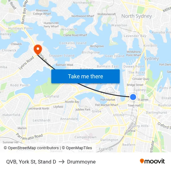 QVB, York St, Stand D to Drummoyne map
