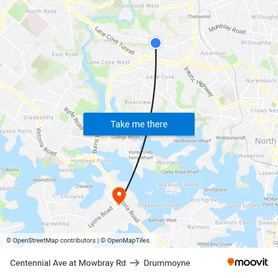 Centennial Ave at Mowbray Rd to Drummoyne map