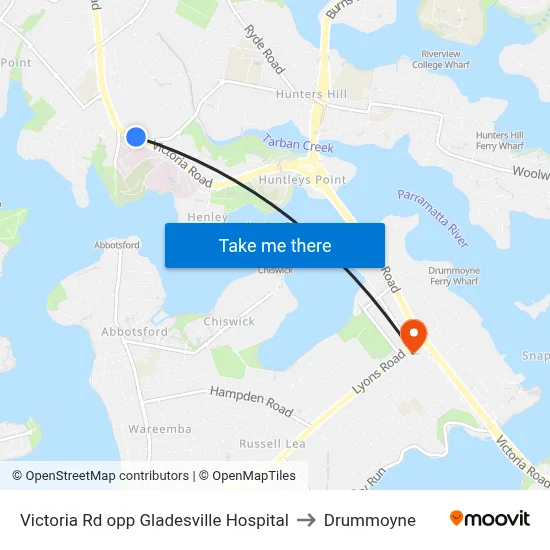 Victoria Rd opp Gladesville Hospital to Drummoyne map