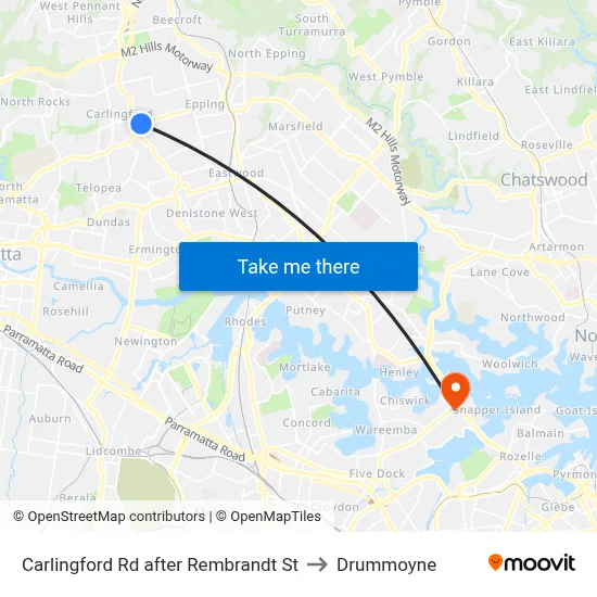 Carlingford Rd after Rembrandt St to Drummoyne map