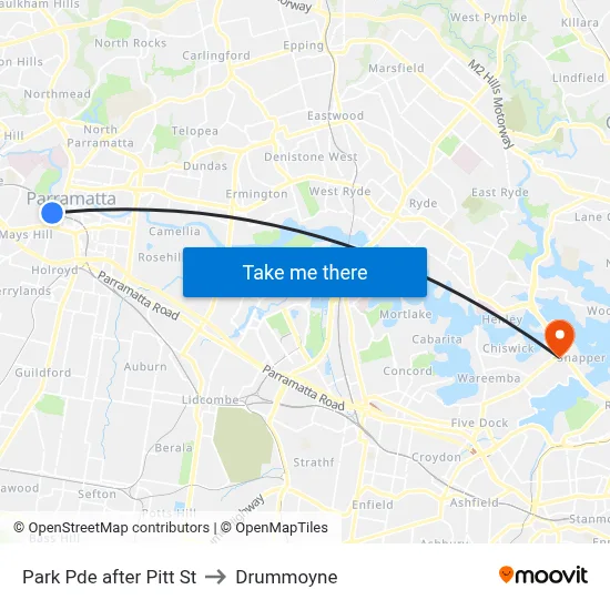 Park Pde after Pitt St to Drummoyne map