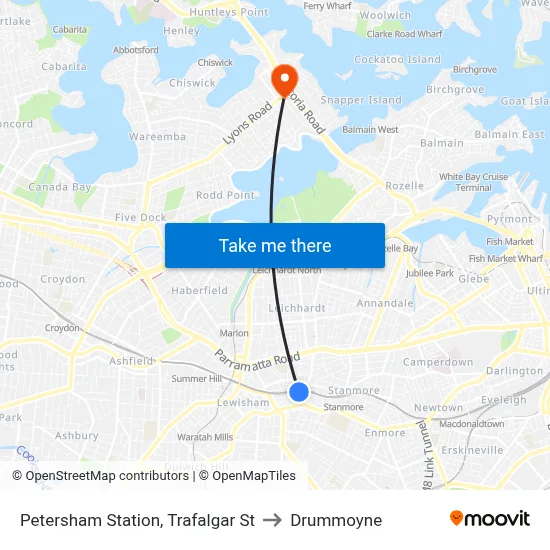 Petersham Station, Trafalgar St to Drummoyne map