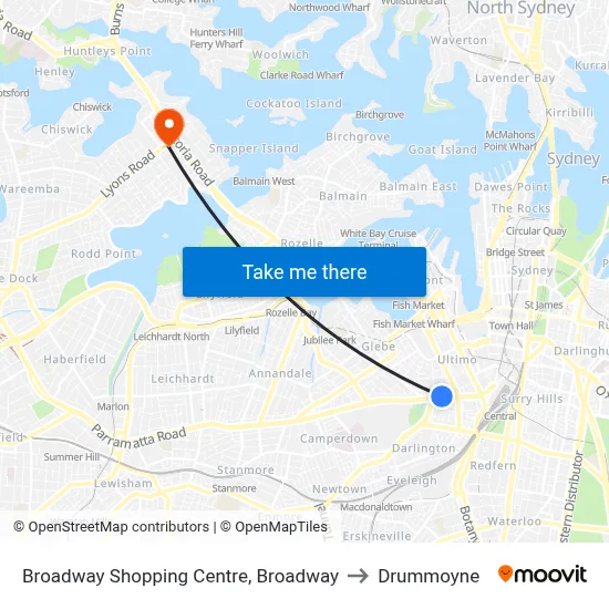 Broadway Shopping Centre, Broadway to Drummoyne map