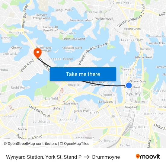 Wynyard Station, York St, Stand P to Drummoyne map