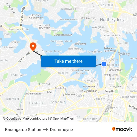 Barangaroo Station to Drummoyne map