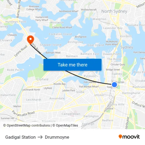 Gadigal Station to Drummoyne map