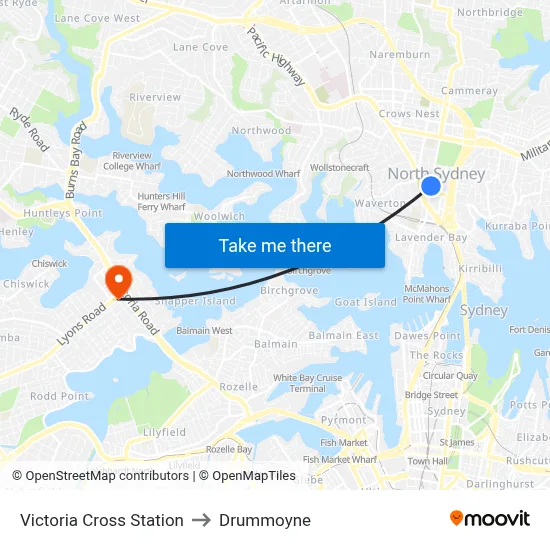 Victoria Cross Station to Drummoyne map