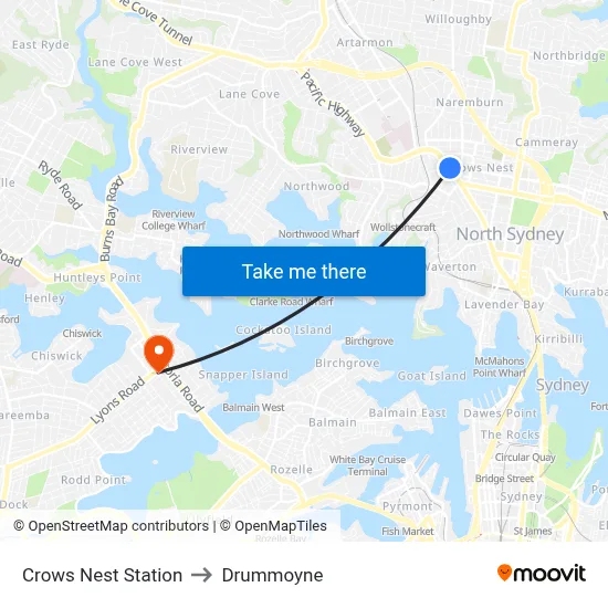 Crows Nest Station to Drummoyne map