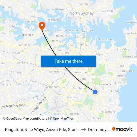 Kingsford Nine Ways, Anzac Pde, Stand A to Drummoyne map