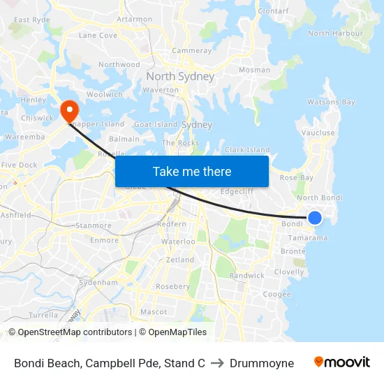 Bondi Beach, Campbell Pde, Stand C to Drummoyne map