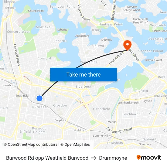 Burwood Rd opp Westfield Burwood to Drummoyne map