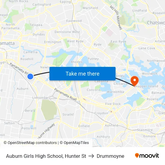 Auburn Girls High School, Hunter St to Drummoyne map