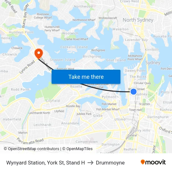 Wynyard Station, York St, Stand H to Drummoyne map