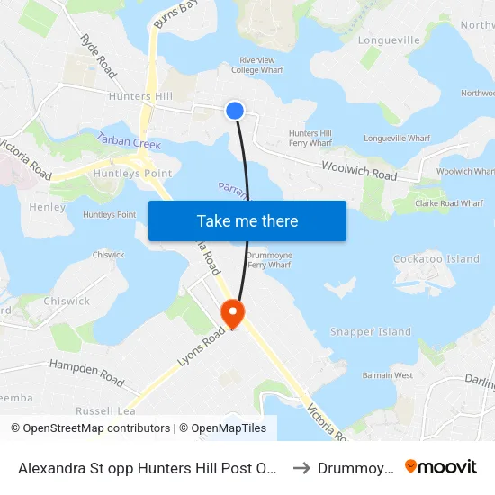 Alexandra St opp Hunters Hill Post Office to Drummoyne map
