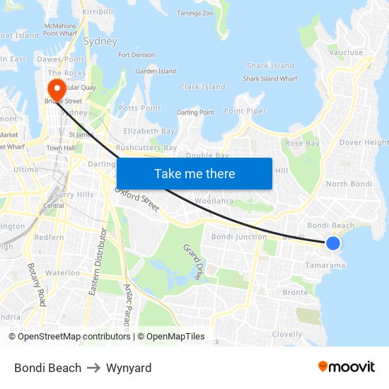 Bondi Beach to Wynyard map