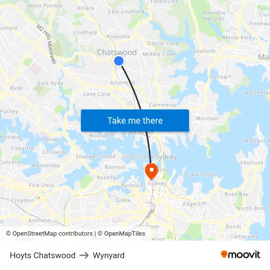 Hoyts Chatswood to Wynyard map
