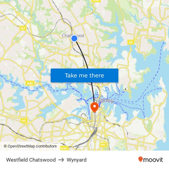 Westfield Chatswood to Wynyard map