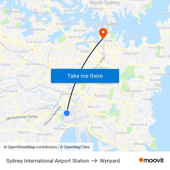 Sydney International Airport Station to Wynyard map