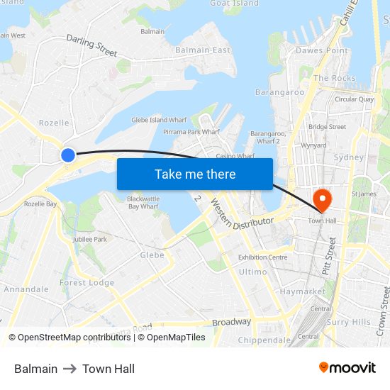 Balmain to Town Hall map