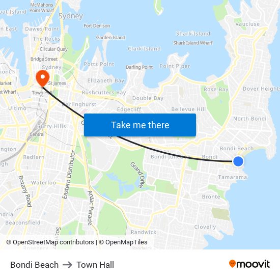Bondi Beach to Town Hall map