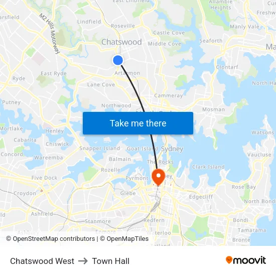 Chatswood West to Town Hall map
