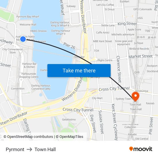 Pyrmont to Town Hall map
