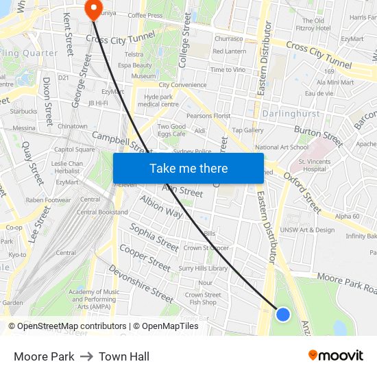 Moore Park to Town Hall map