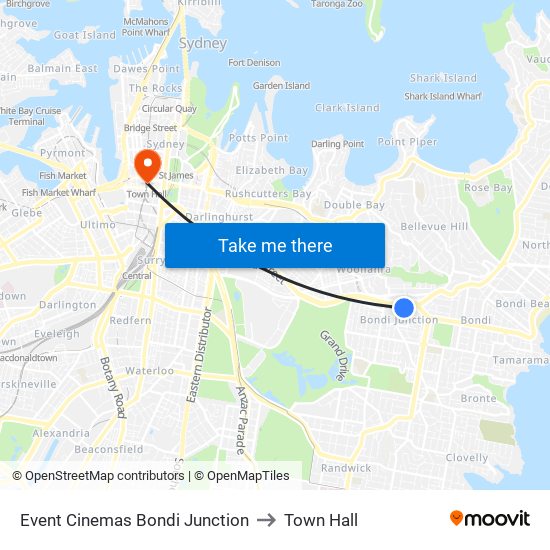 Event Cinemas Bondi Junction to Town Hall map